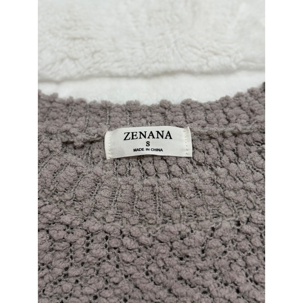 Zenana Gray Popcorn Knit Hygge Sweater S Cozy Textured Crewneck Balloon Sleeve - Picture 6 of 8